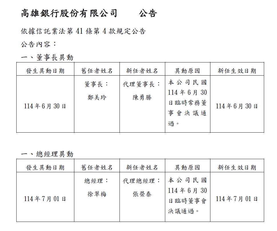 114年7月2日董事長及總經理異動公告