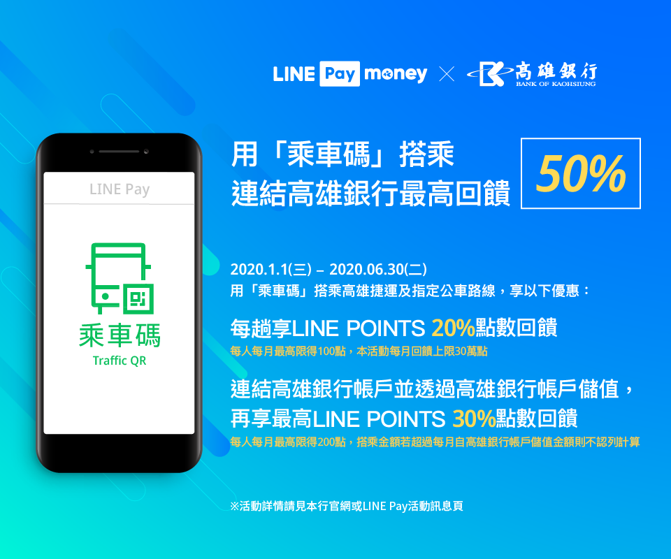 用LINE Pay乘車碼 高雄銀行獨家每月最高LINE POINTS 50%點數回饋！